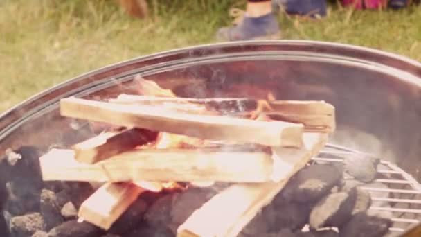 Hořící barbecue v parku — Stock video