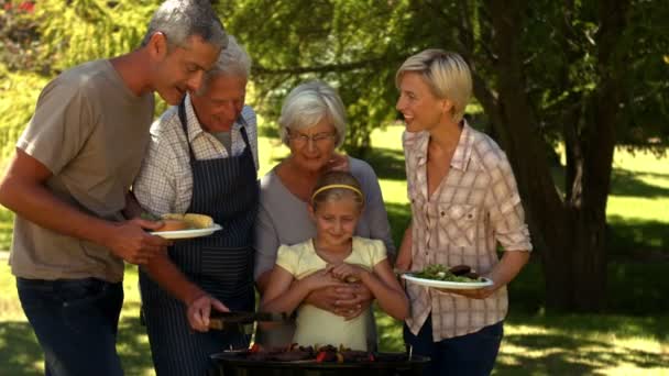 Família fazendo churrasco no parque — Vídeo de Stock