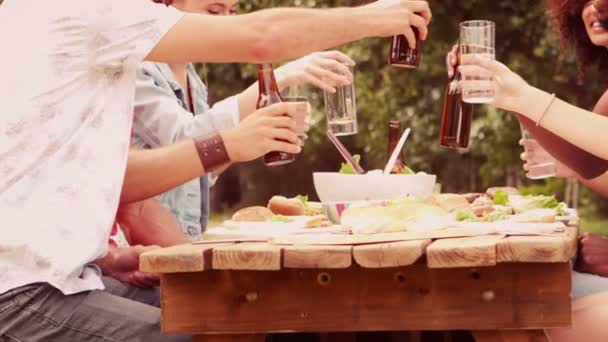 Счастливые друзья в парке обедают — стоковое видео