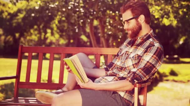 Knappe hipster boy lezen in het park — Stockvideo