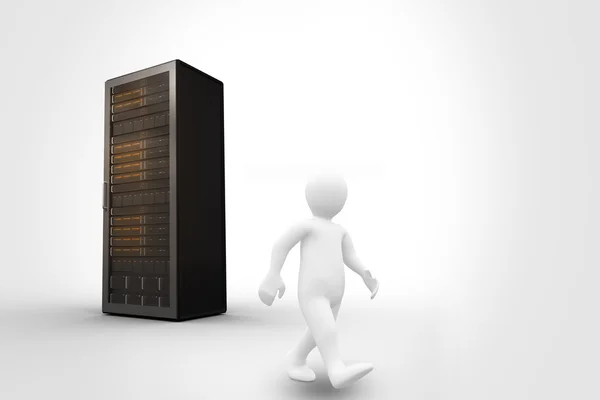 Witte karakter lopen tegen server toren — Stockfoto