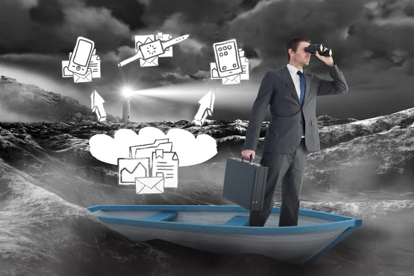 Composite image of businessman in boat with binoculars — Stock Photo, Image