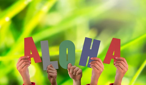 Hands holding up aloha against dew on grass — Stock Photo, Image