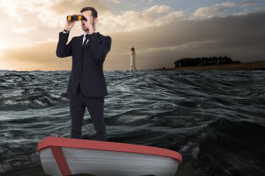 Businessman in boat with binoculars clipart