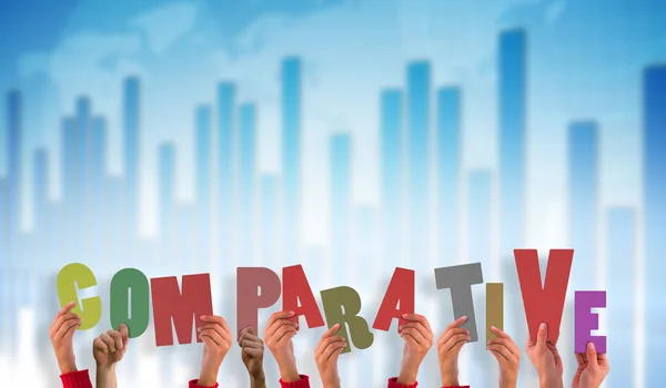 Hands holding up comparitive against business graphic — Stock Photo, Image