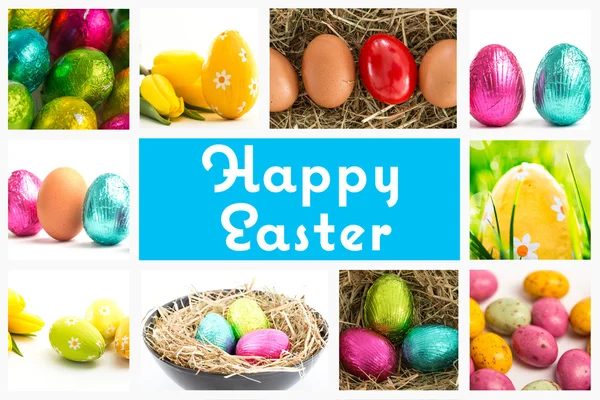 Feliz Pascua contra los huevos amarillos de Pascua —  Fotos de Stock
