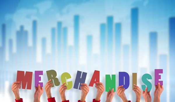 Hands holding up merchandise against business graphic — Stock Photo, Image