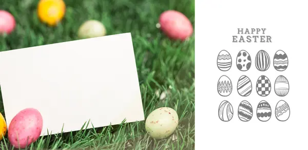 Happy easter graphic and eggs with blank — Stock Photo, Image