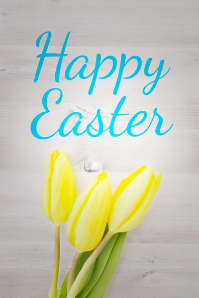 Happy easter against three yellow tulips — Stock Photo, Image