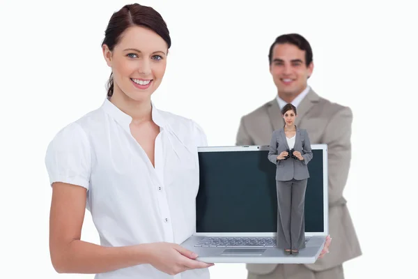 Young businesswoman with binoculars — Stock Photo, Image