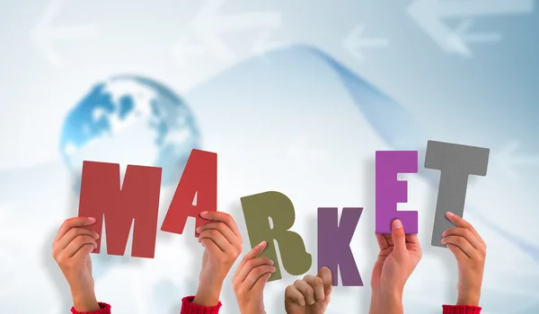 Hands showing market against business graphic — Stock Photo, Image