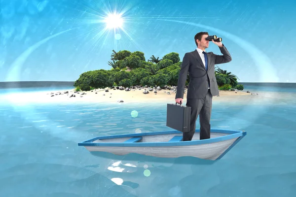 Composite image of businessman in boat with binoculars — Stock Photo, Image