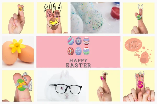 Los dedos como conejito de Pascua contra dos huevos —  Fotos de Stock