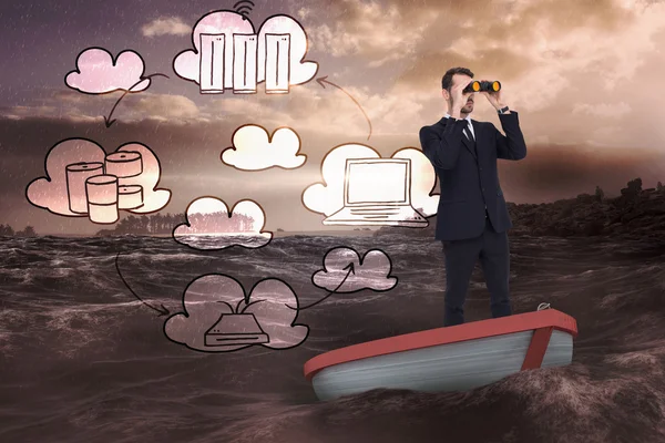 Composite image of businessman in boat with binoculars — Stock Photo, Image