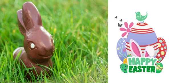 Happy easter afbeelding tegen chocolade bunny — Stockfoto