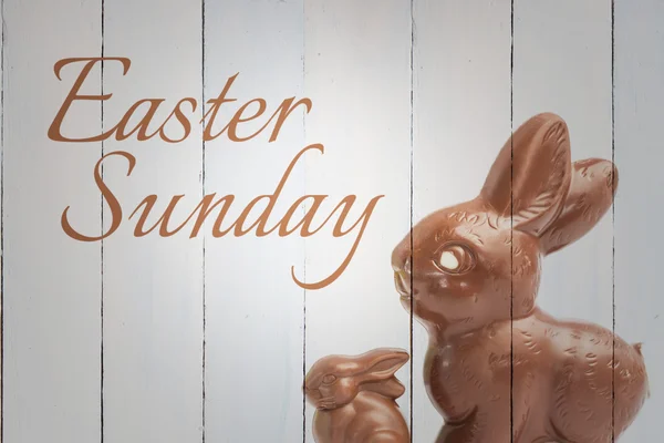 Easter sunday against chocolate bunny rabbits — Stock Photo, Image