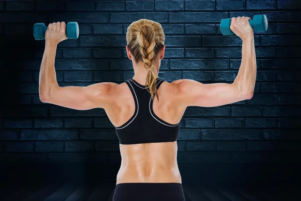 Vrouwelijke bodybuilder bedrijf twee halters — Stockfoto