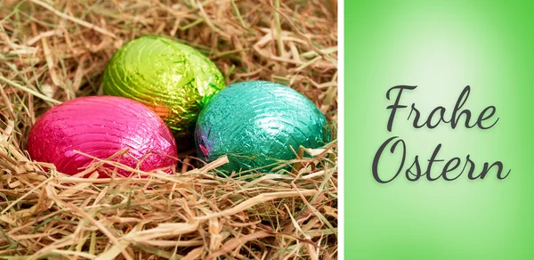 Frohe ostern against green vignette — Stock Photo, Image