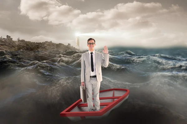 Businessman waving in boat against stormy sea — Stock Photo, Image