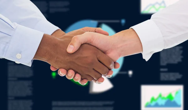 Handshake in office against business interface — Stock Photo, Image