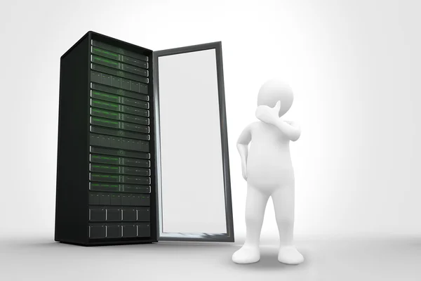 Character thinking against server tower — Stock Photo, Image