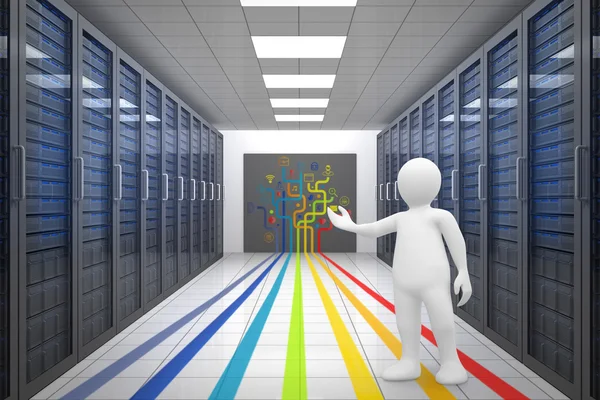 Character orating against server room with towers — Stock Photo, Image