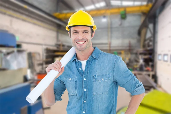 Architect holding rolled blueprint — Stock Photo, Image