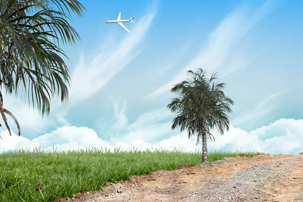 Airplane against road leading out to horizon — Stock Photo, Image