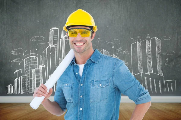 Architect holding rolled blueprint — Stock Photo, Image