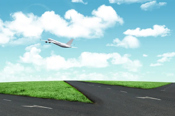 Airplane against road leading out to horizon — Stock Photo, Image