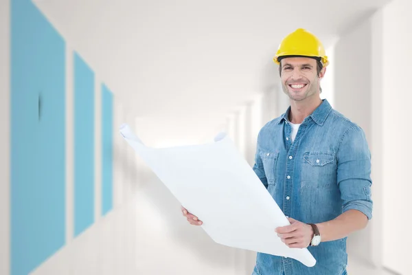 Happy architect holding blueprint — Stock Photo, Image