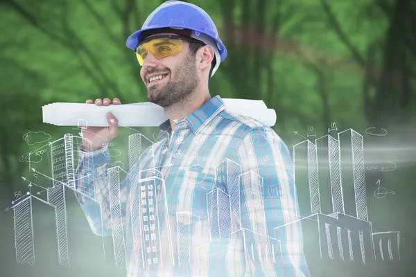 Smiling architect holding blueprint — Stock Photo, Image