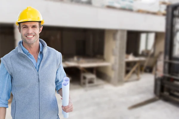 Happy architect with blueprint — Stock Photo, Image