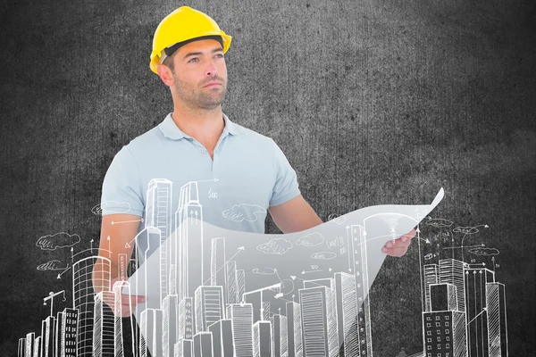 Tankeväckande manliga arkitekt anläggning blueprint — Stockfoto