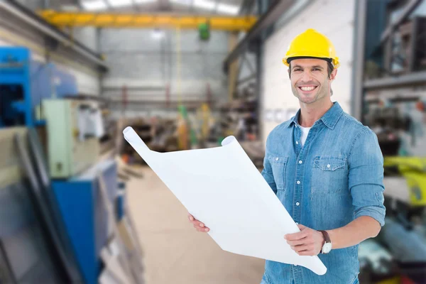 Happy architect holding blueprint — Stock Photo, Image