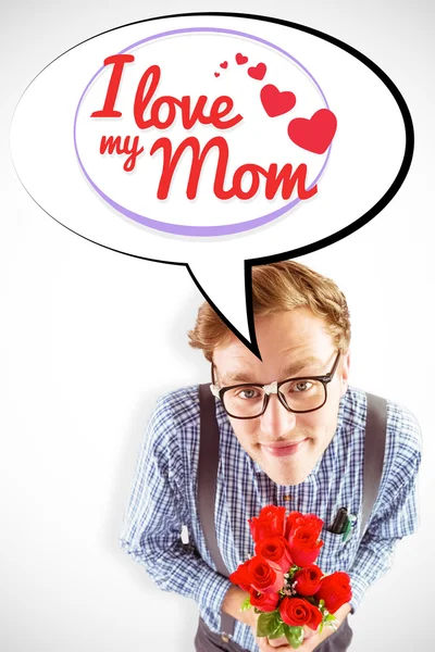 Zusammengesetztes Bild von geeky Hipster mit einem Strauß Rosen — Stockfoto