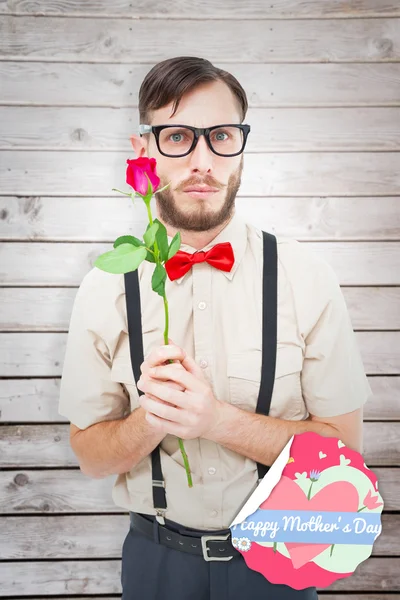 Geeky hipster tilbyder en rose - Stock-foto