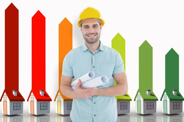 Happy male architect holding blueprints — Stock Photo, Image