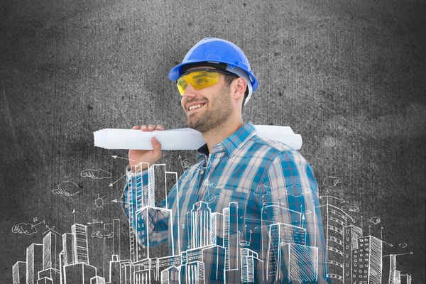 Smiling architect holding blueprint — Stock Photo, Image