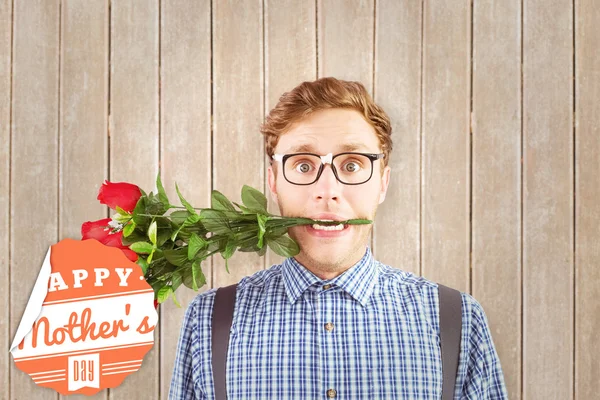 Hipster biting a bunch of roses — Stock Photo, Image