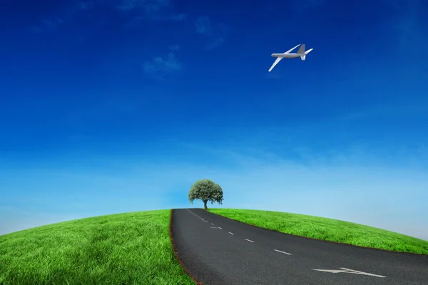 Avión contra carretera que conduce al horizonte —  Fotos de Stock