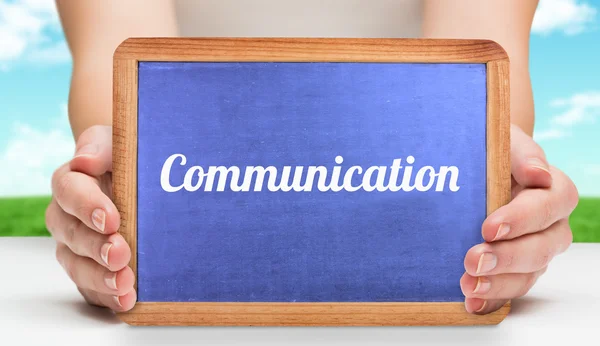 Communication and hands showing chalkboard — Stock Photo, Image