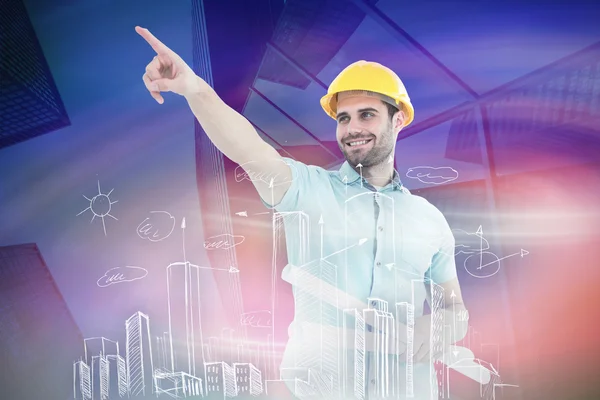 Architect with blueprints pointing away — Stock Photo, Image