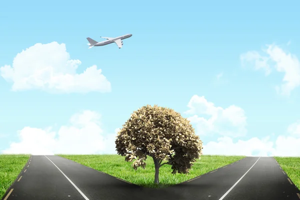 Airplane against road leading out to horizon — Stock Photo, Image