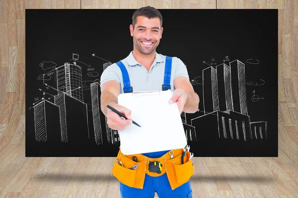 Handyman giving clipboard for signature — Stock Photo, Image