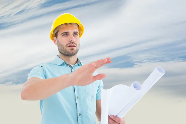 Architect with blueprint gesturing — Stock Photo, Image