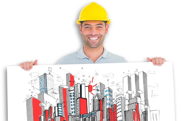 Happy handyman holding placard — Stock Photo, Image