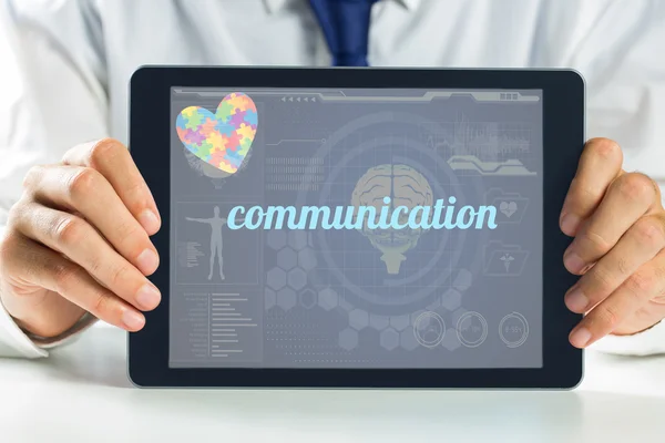 Communication against medical biology interface in blue — Stock Photo, Image