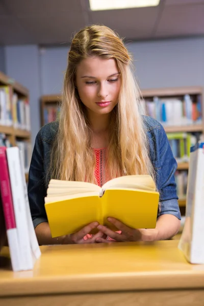 Όμορφη φοιτητής που σπουδάζει στη βιβλιοθήκη — Φωτογραφία Αρχείου