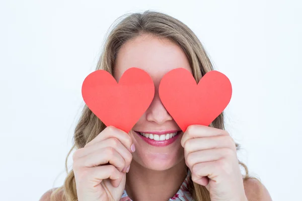 Woman holding heart cards — Stock Photo, Image